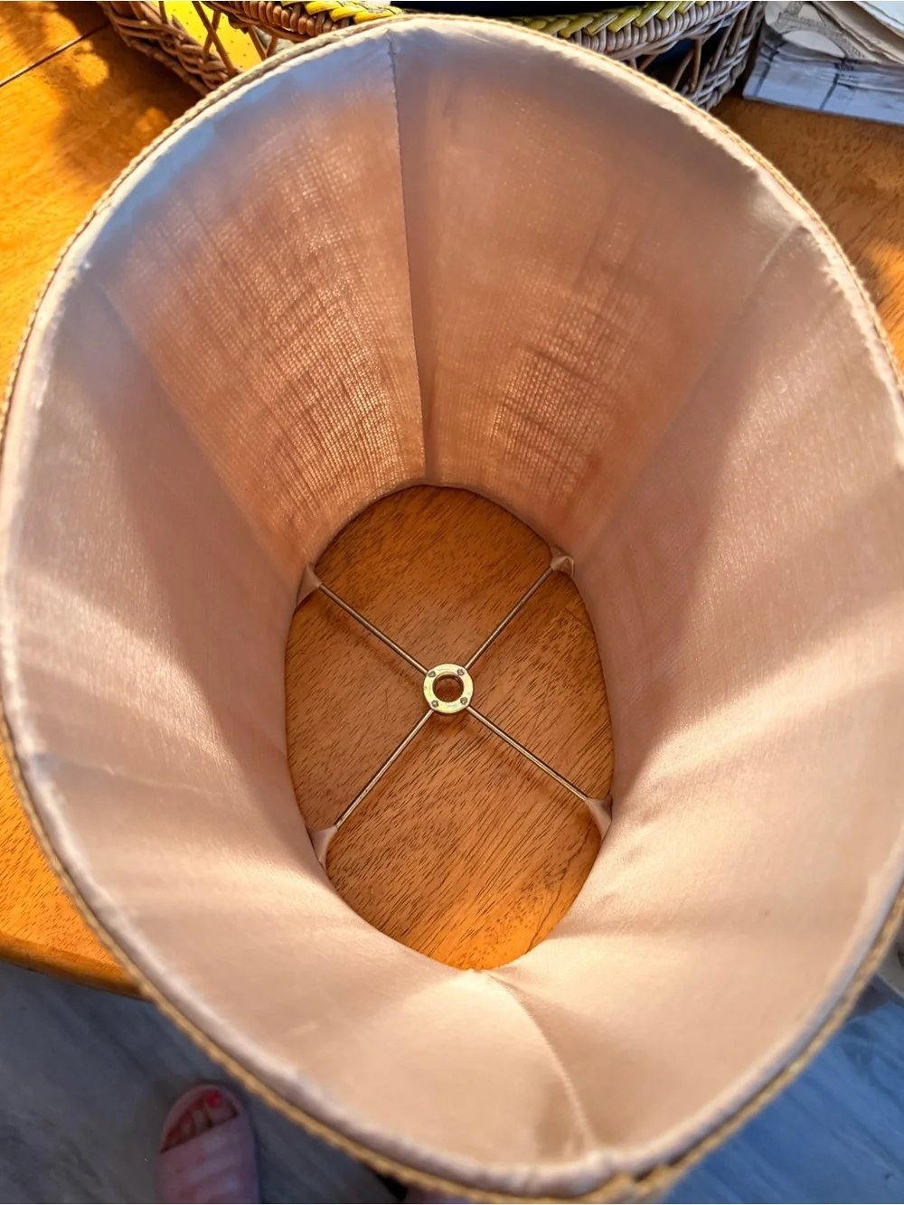 Vintage Oval Lined Burlap Washer Lampshade 8” Tall